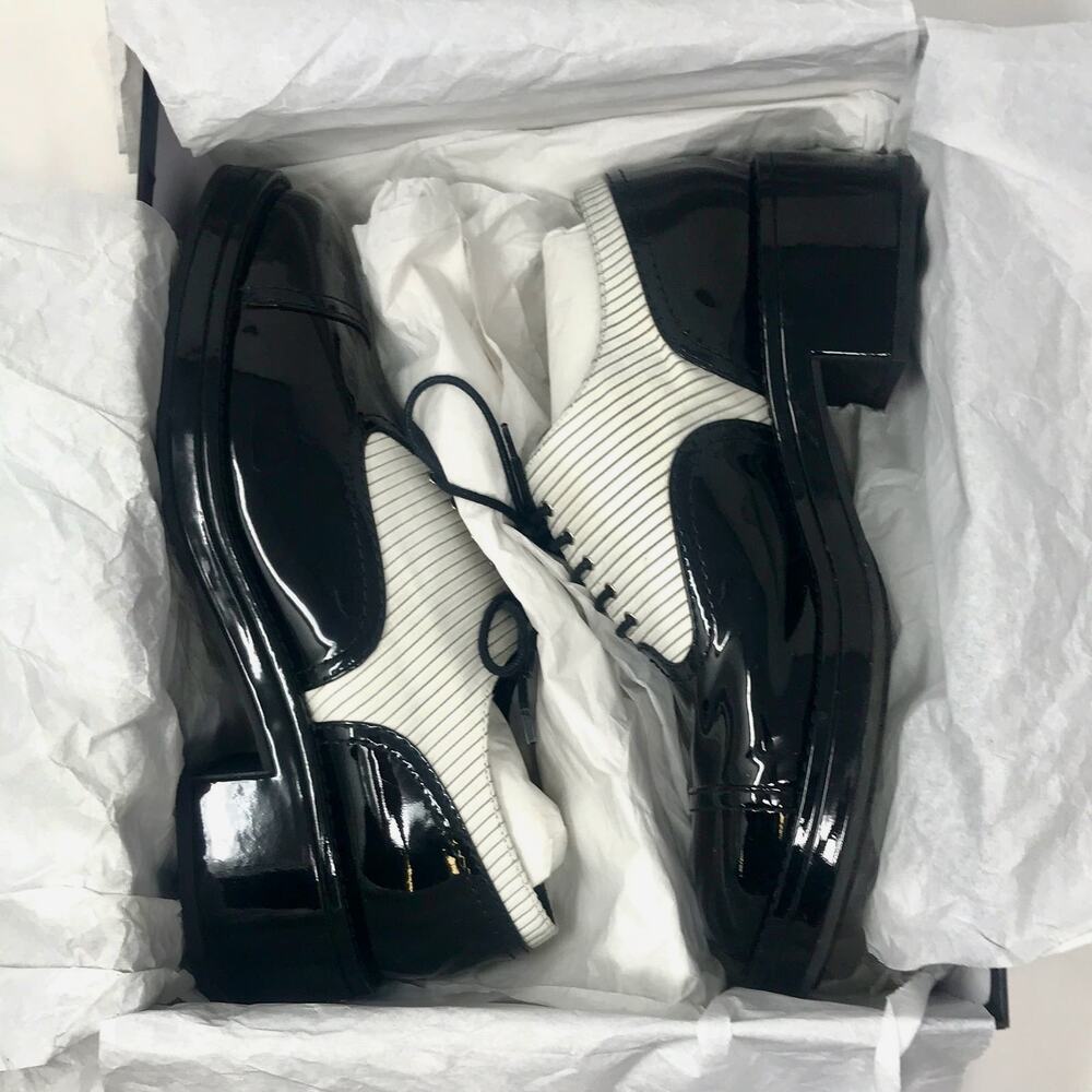 🪄100% Auth CHANEL Chunky Black Patent Pinstripe Lace Up Oxford Shoes sz 42 12 - Picture 8 of 14